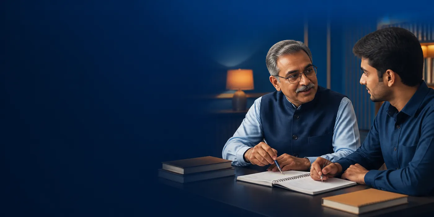 Senior mentor guiding a UPSC aspirant during a one-to-one counselling session